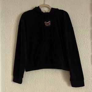 Hippie Rose black fleece, hooded, pull over with butterfly size large